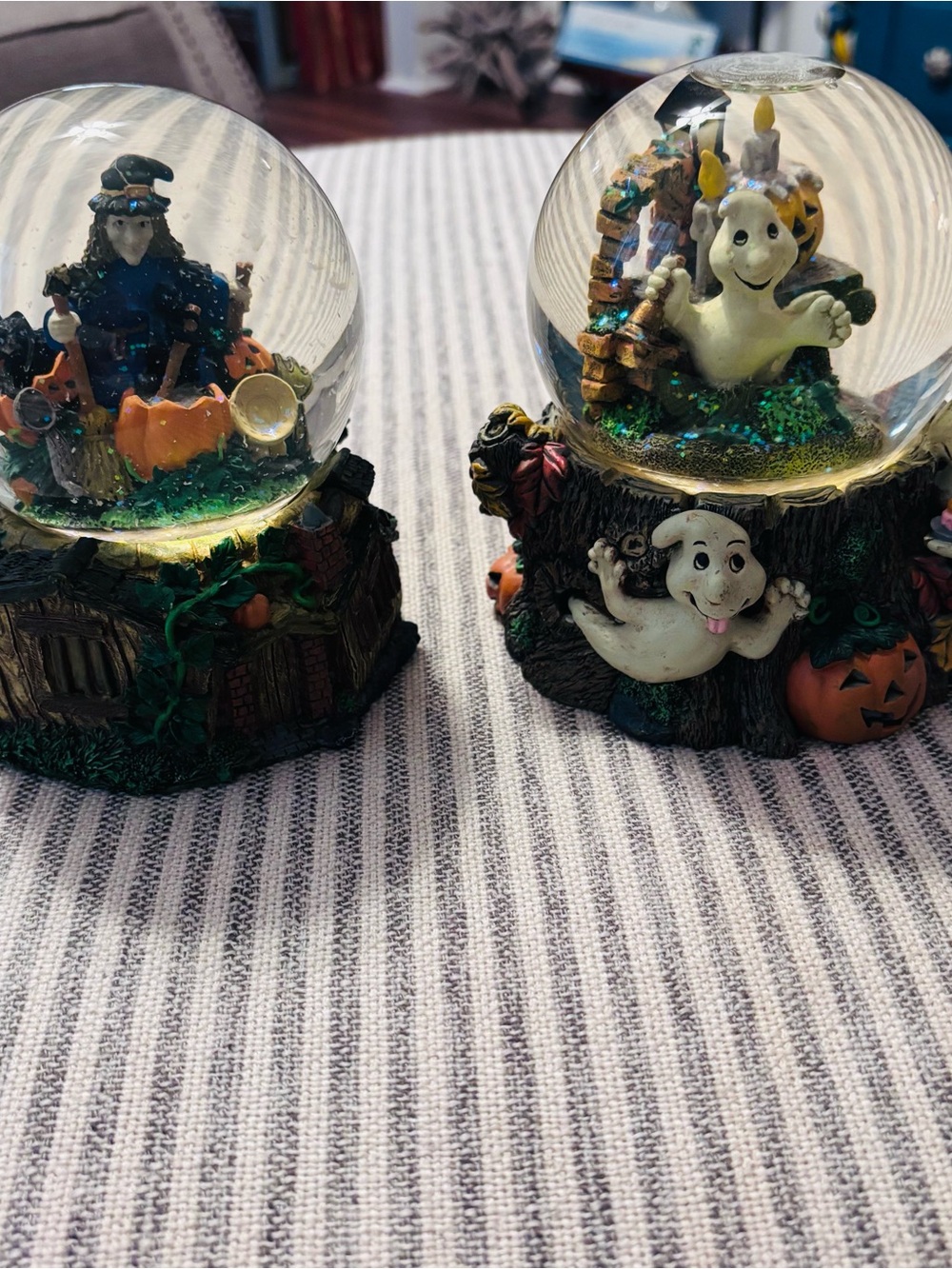 Halloween Ghost & Witch Snow Globe Pair - Festive Orange, White, Black